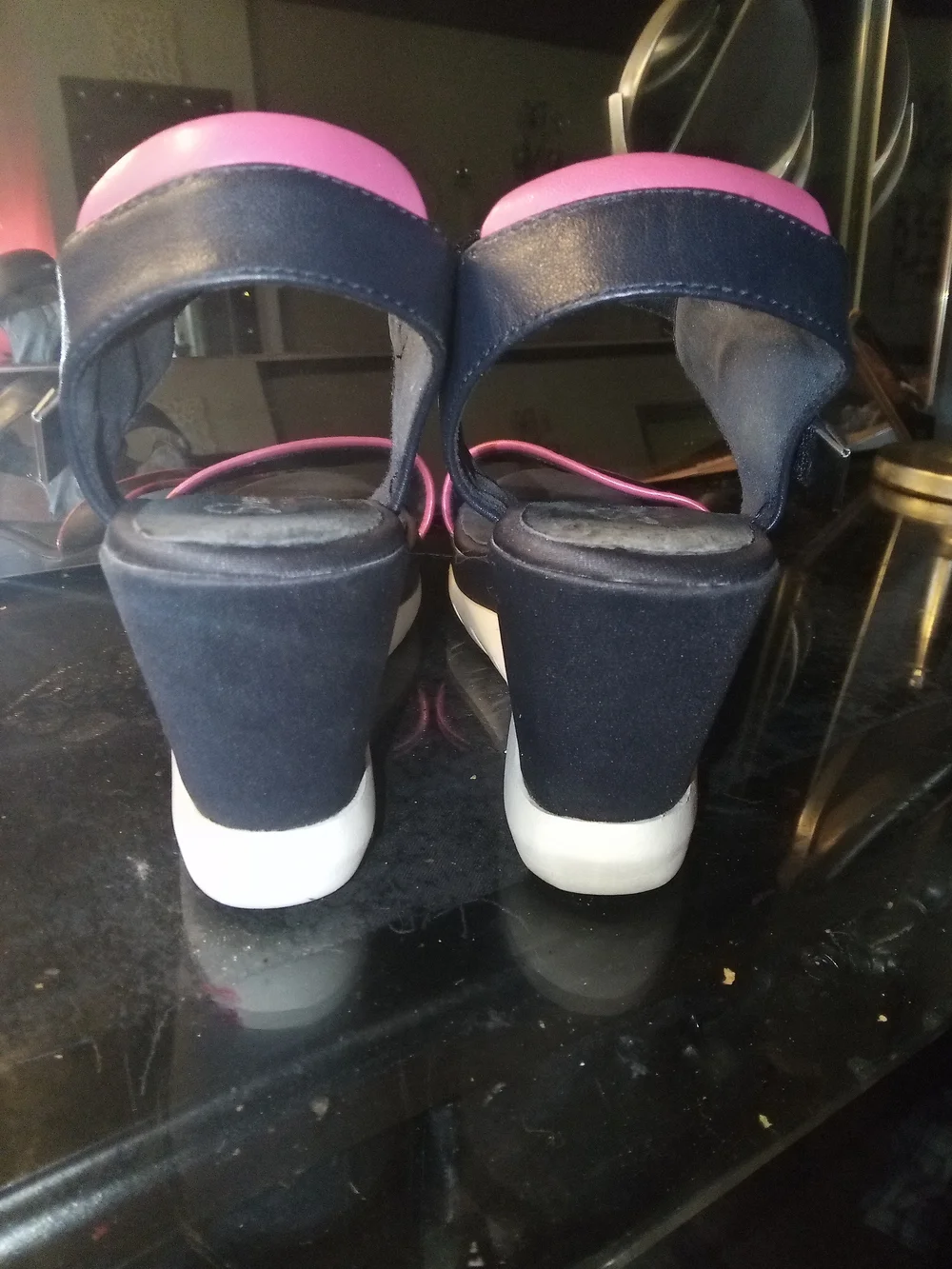 Skechers Navy Wedge Sandals with Pink Trim